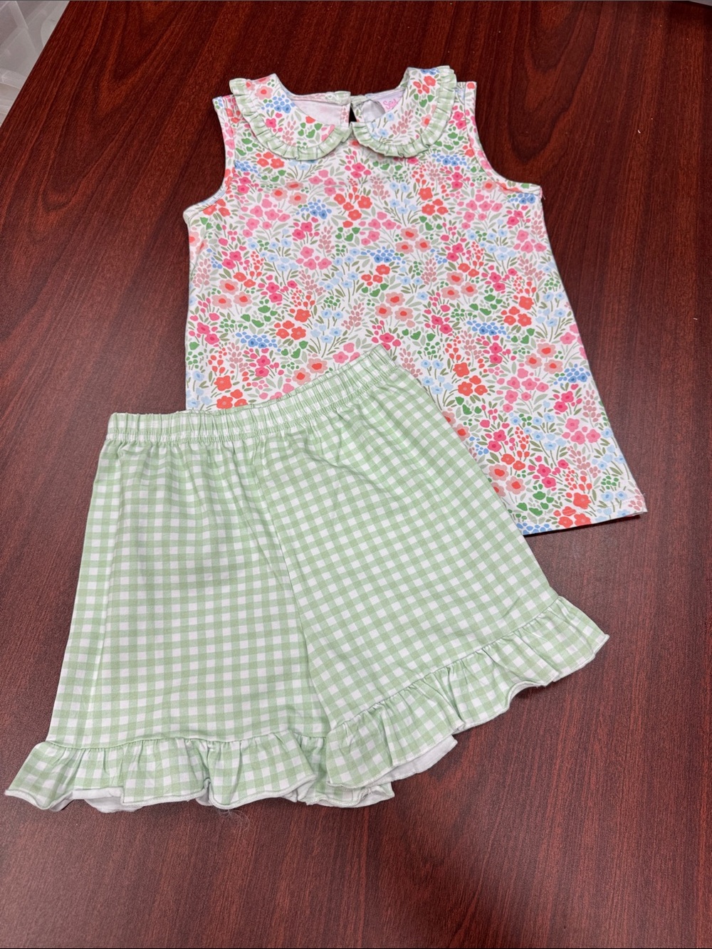Stitchy Fish 7 Floral Peter Pan Collar Top & Green Gingham Ruffle Shorts Set